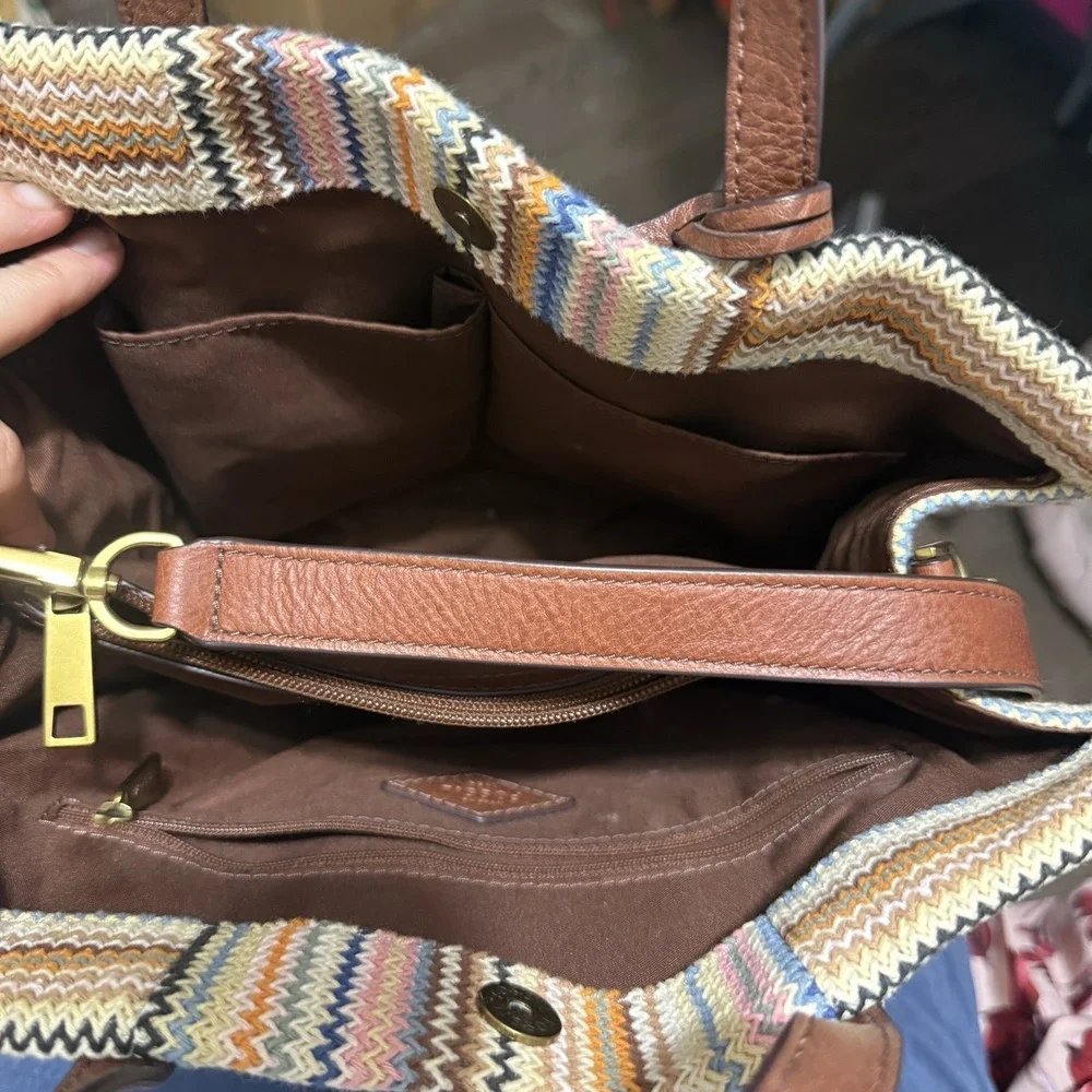 Fossil Carmen Tote Southwest Stripe Knit Leather Handles Boho Satchel Bag - Picture 3 of 6
